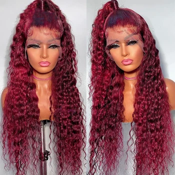 99J Spalvoti nėriniai priekyje Žmogaus plaukų perukai Deep Wave Burgundija 13x4 HD Skaidrus nėrinių priekinis perukas Vynas be klijų, raudonas perukas moterims