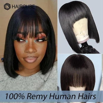 Natūralūs juodi Bobo Remy žmogaus plaukai juodaodėms moterims Tiesūs trumpi perukai su pilnais kirpčiukais Afro mašina pagamintas žmogaus plaukų perukas be klijų