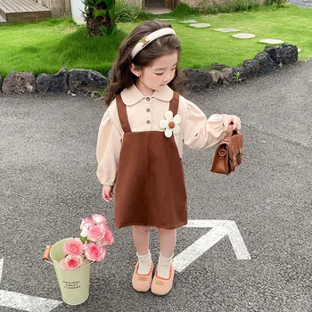New Girls One Piece Long Dress Spring Autumn Full Sleeve Fashion Loose Sweet All-match Turn-down Collar Flower Outdoor