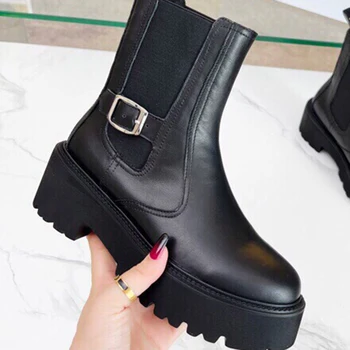 Real Leather Chunky Heel Platform Short Boots Women Round Toe Buckle Ankle Chelsea Boots Women Slip On Round Toe Casual Boots
