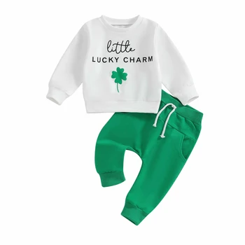 Toddler Boys Ireland festivalio apranga Shamrock Letter Print džemperiai ilgomis rankovėmis ir ilgos kelnės 2Pcs drabužių komplektas
